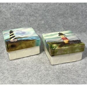 Capiz Shell Trinket Boxes Hand Painted Lighthouse Coastal Decor Set Airbrush Art